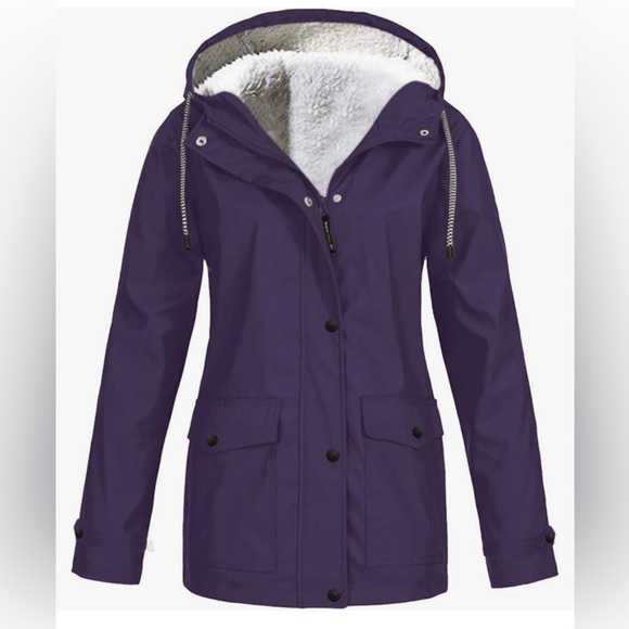 Jackets & Blazers - Fleece Lined Raincoat for Women Waterproof with Hood Solid Color Lightweight